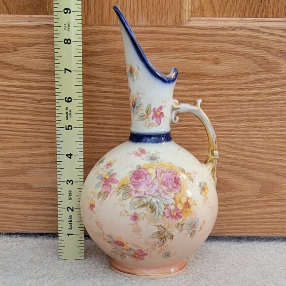 Antique Floral Porcelain Pitcher Vase | Jersey Pottery England | Gilt Handle - Picture 11 of 12